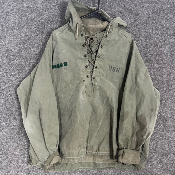 USN WWII Smock Anorak Parka Pullover Lace Up Olive Drab N-2 Foul Weather 1940s - Picture 1 of 16